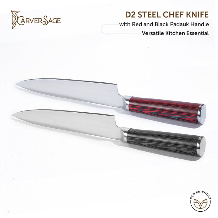 D2 Steel Chef Knife with Red and Black Padauk Handle – Professional Hand-Forged Kitchen Knife for Precision Cutting carversage.com 