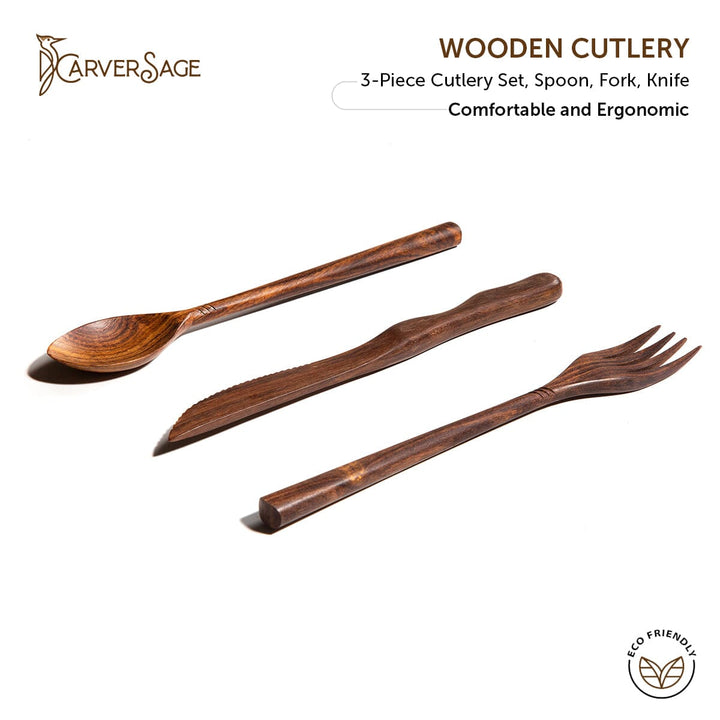 3-Piece Rosewood Cutlery Set – Natural Wooden Spoon, Fork & Knife | Handmade, Sustainable, Eco-Friendly, & 100% Varnish-Free carversage.com 