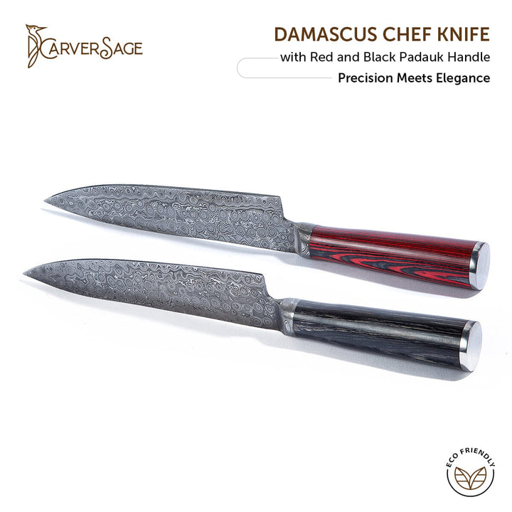 Damascus Chef Knife with Red and Black Padauk Handle | Ultra-Sharp Japanese-Style Blade for Professional Culinary Precision carversage.com 