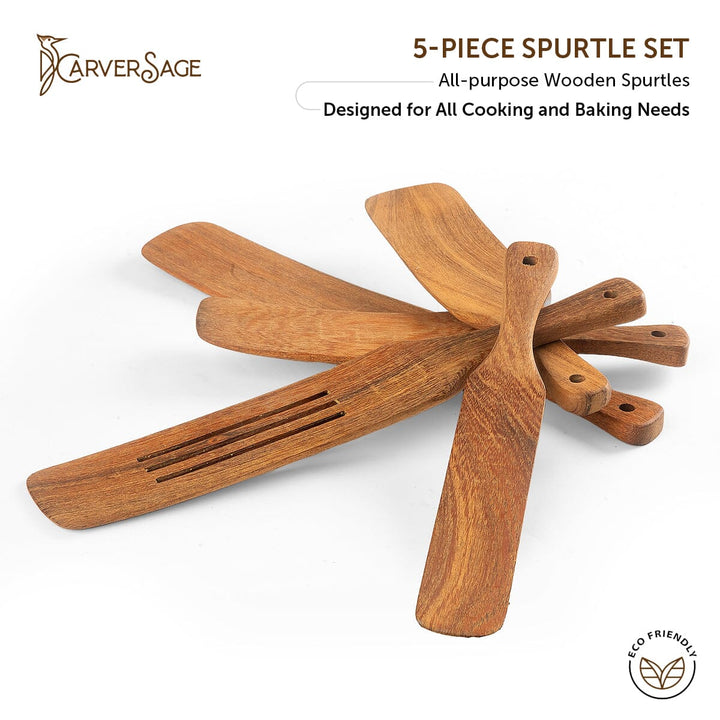 5-Piece Wooden Spurtle Set | Best Acacia Wood Spatulas for Cooking, Baking & Serving | Scratch-Resistant & 100% Non-Toxic carversage.com 