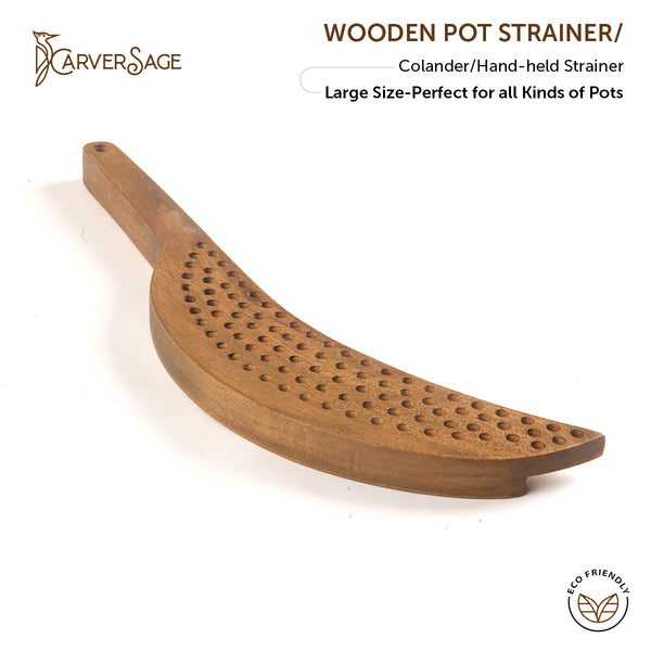 Wooden Pot Strainer & Colander | 100% Organic Acacia Hand-Held Strainer for Pasta, Noodles, Vegetable