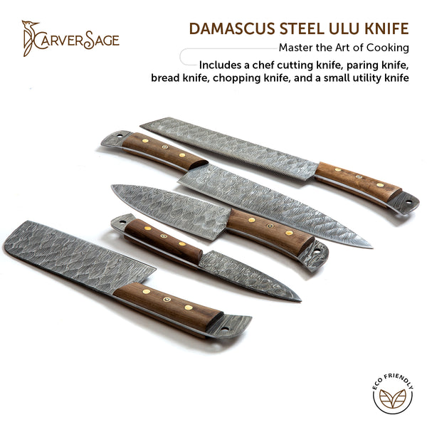 Damascus Chef Knife Set of 5 – Premium 67-Layer Hand-Forged Damascus Steel with Walnut Wood Handles | Precision Kitchen Knife Set