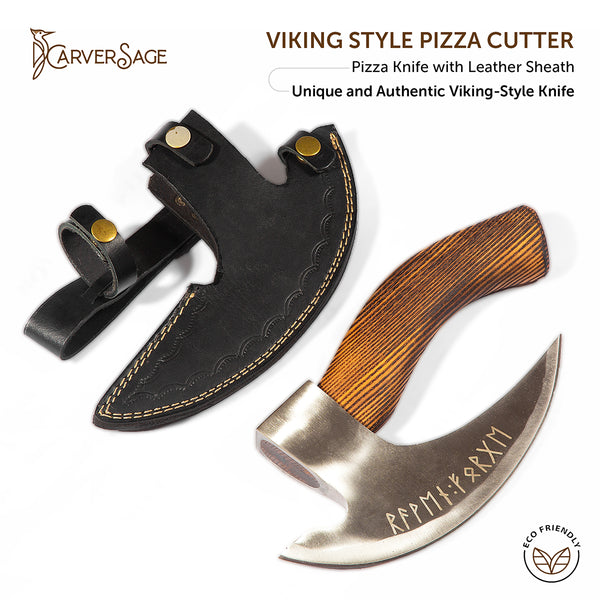 Viking Style Pizza Cutter | Hand-Forged Carbon Steel Pizza Knife with Wooden Handle and Leather Sheath