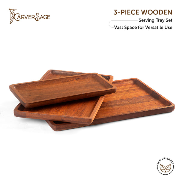 Wooden Serving Tray Set, 3-Piece – Elegant Square-Shaped Mahogany Trays, Eco-Friendly & Durable Tableware for Kitchen & Dining