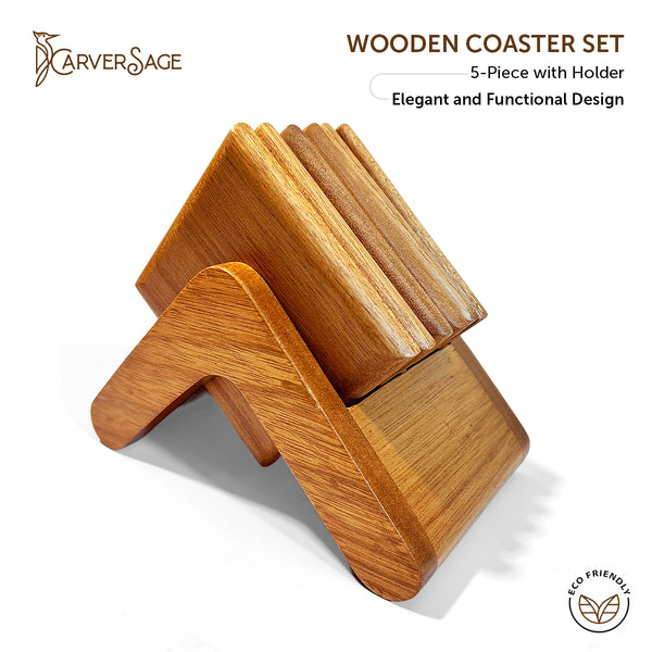 Acacia Wood Coaster Set - 5-Piece Drink Coasters with Holder | Elegant and Eco-Friendly Tableware