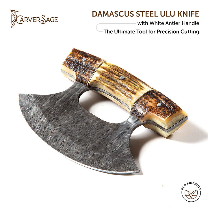 Damascus Steel ULU Knife with Antler & Black Padauk Handle – Razor-Sharp Curved Blade for Precision Cutting, with Leather Sheath carversage.com 