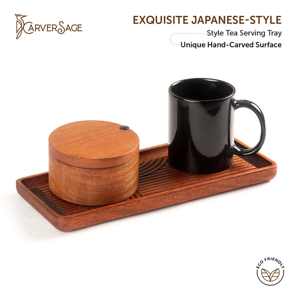 Japanese-Style Acacia Wood Tea Serving Tray |Premium Hand-Carved Rectangular Wooden Tray for Tea & Tableware