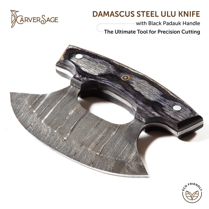 Damascus Steel ULU Knife with Antler & Black Padauk Handle – Razor-Sharp Curved Blade for Precision Cutting, with Leather Sheath carversage.com 