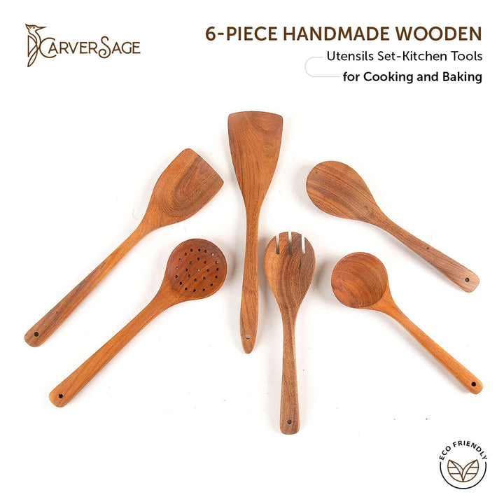 6-Piece Acacia Wooden Cooking Utensils Set with Wood Holder | Best Wooden Spoons & Kitchen Utensils Set carversage.com 