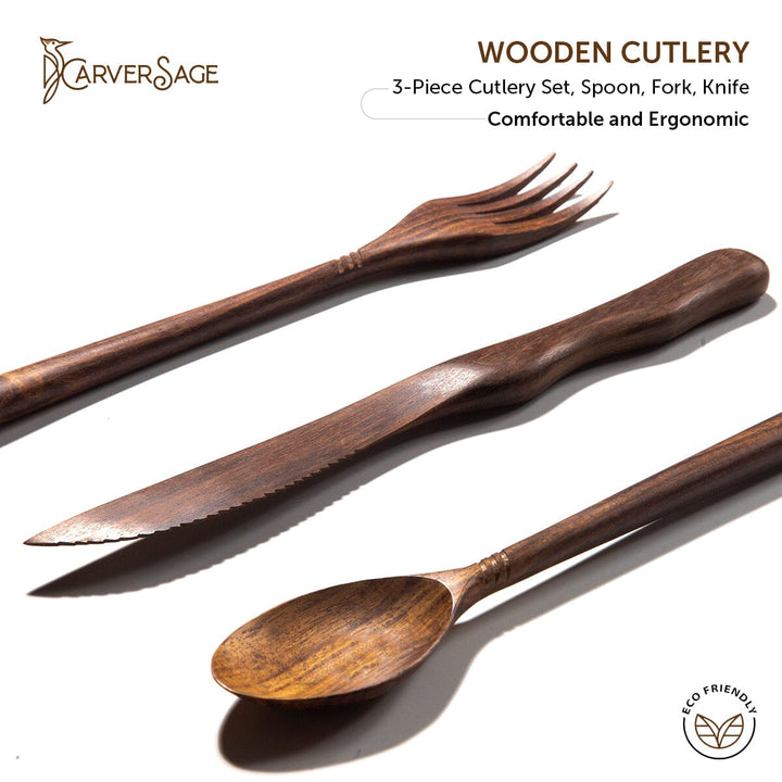 3-Piece Rosewood Cutlery Set – Natural Wooden Spoon, Fork & Knife | Handmade, Sustainable, Eco-Friendly, & 100% Varnish-Free carversage.com 