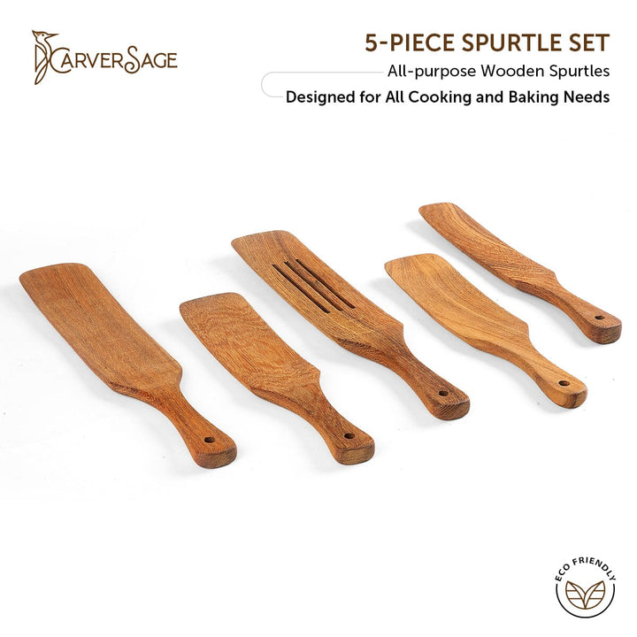 5-Piece Wooden Spurtle Set | Best Acacia Wood Spatulas for Cooking, Baking & Serving | Scratch-Resistant & 100% Non-Toxic carversage.com 