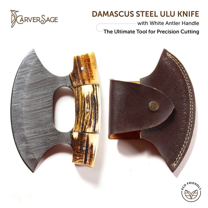 Damascus Steel ULU Knife with Antler & Black Padauk Handle – Razor-Sharp Curved Blade for Precision Cutting, with Leather Sheath carversage.com White 