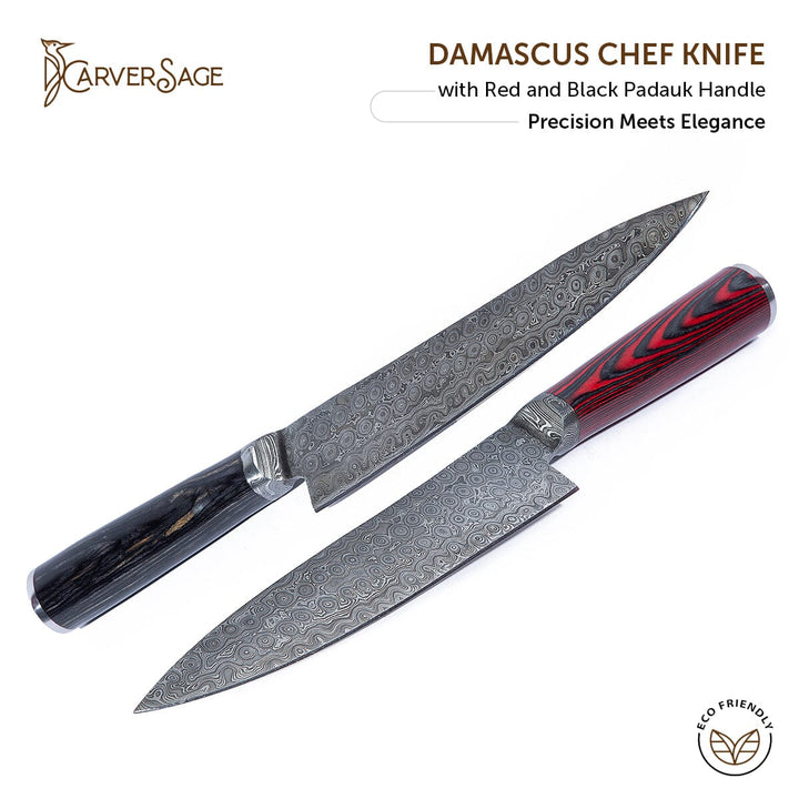 Damascus Chef Knife with Red and Black Padauk Handle | Ultra-Sharp Japanese-Style Blade for Professional Culinary Precision carversage.com 