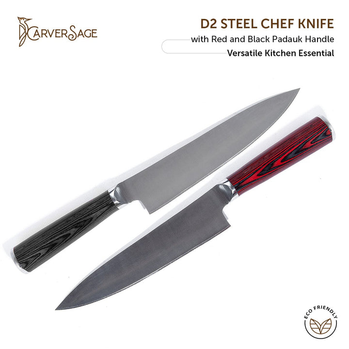 D2 Steel Chef Knife with Red and Black Padauk Handle – Professional Hand-Forged Kitchen Knife for Precision Cutting carversage.com 