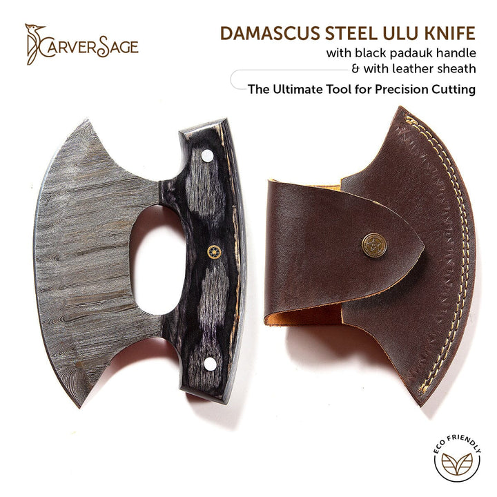 Damascus Steel ULU Knife with Antler & Black Padauk Handle – Razor-Sharp Curved Blade for Precision Cutting, with Leather Sheath carversage.com Black 