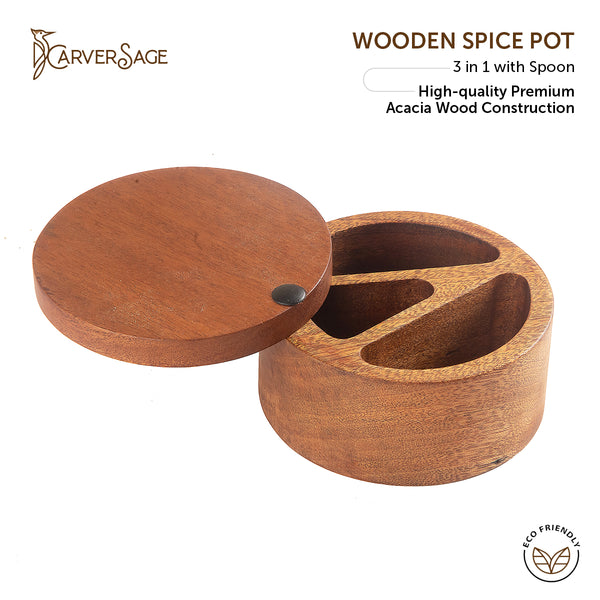 Wooden Spice Pot – 3-in-1 Acacia Wood Spice Container with Lid and Spoon | Premium Food-Grade, Eco-Friendly Spice Holder