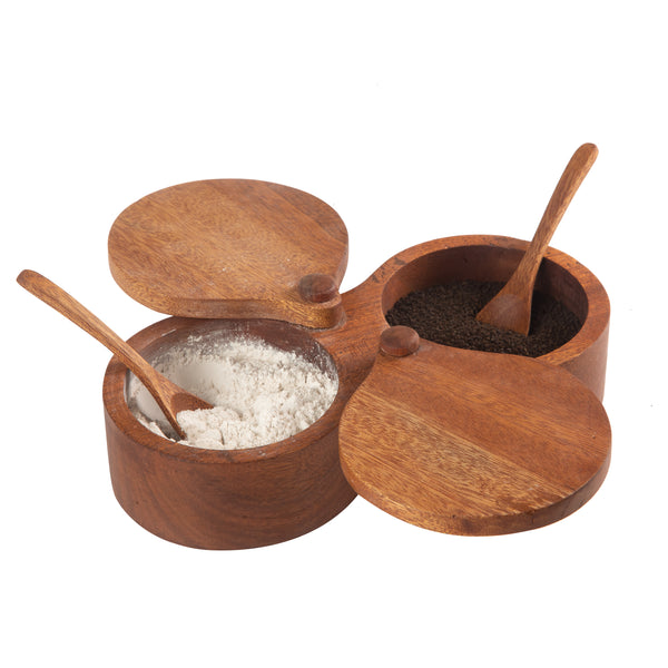 2-in-1 Acacia Wood Sugar Pot with Wooden Spoons - Dual Compartment Salt and Sugar Storage for Kitchen and Table