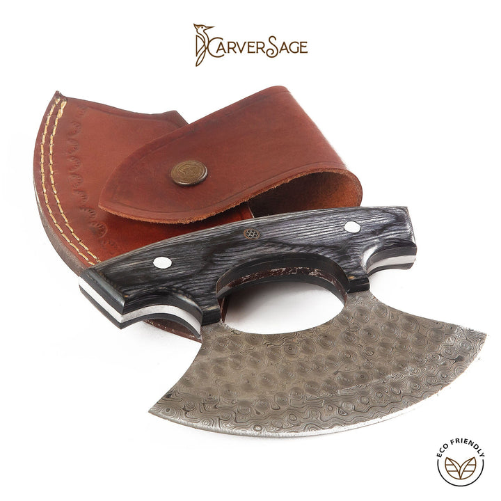 Damascus Steel ULU Knife with Antler & Black Padauk Handle – Razor-Sharp Curved Blade for Precision Cutting, with Leather Sheath carversage.com 