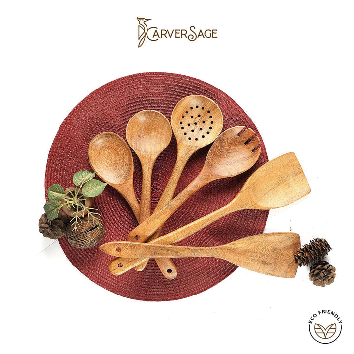 6-Piece Acacia Wooden Cooking Utensils Set with Wood Holder | Best Wooden Spoons & Kitchen Utensils Set carversage.com 