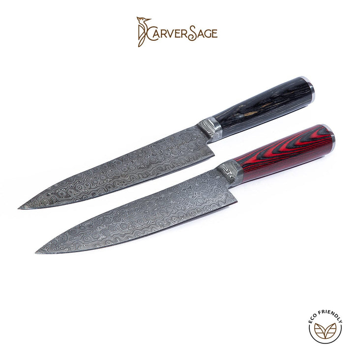 Damascus Chef Knife with Red and Black Padauk Handle | Ultra-Sharp Japanese-Style Blade for Professional Culinary Precision carversage.com 