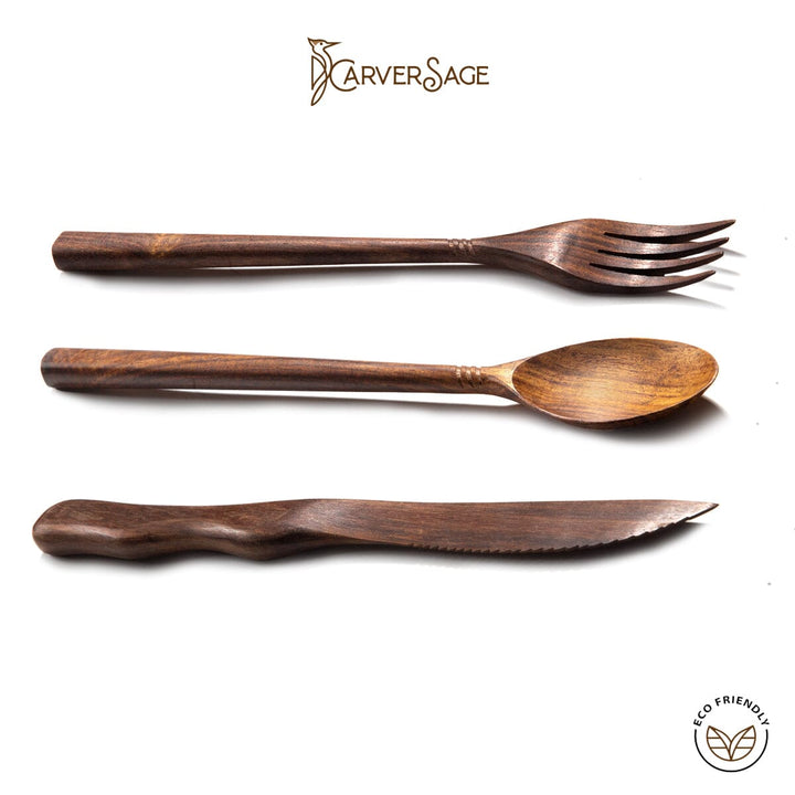 3-Piece Rosewood Cutlery Set – Natural Wooden Spoon, Fork & Knife | Handmade, Sustainable, Eco-Friendly, & 100% Varnish-Free carversage.com 