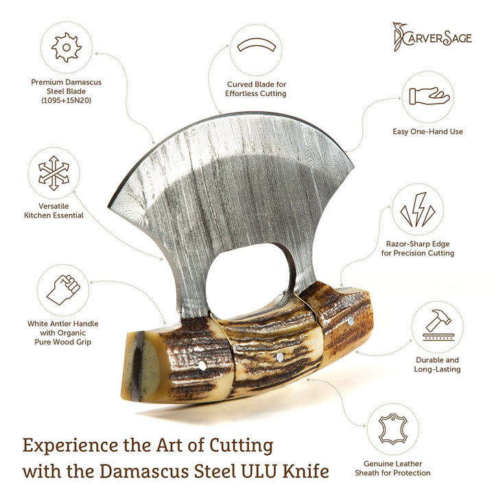 Damascus Steel ULU Knife with Antler & Black Padauk Handle – Razor-Sharp Curved Blade for Precision Cutting, with Leather Sheath carversage.com 