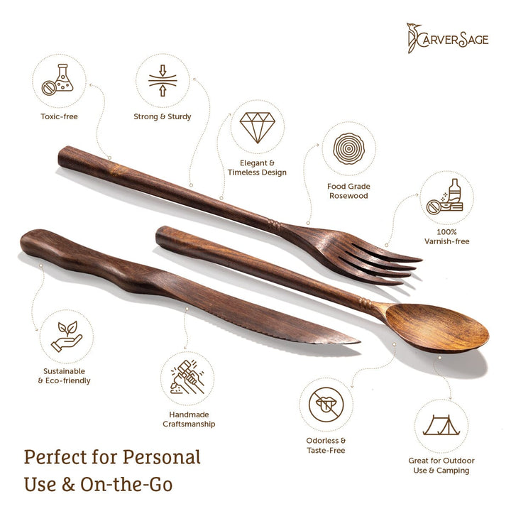 3-Piece Rosewood Cutlery Set – Natural Wooden Spoon, Fork & Knife | Handmade, Sustainable, Eco-Friendly, & 100% Varnish-Free carversage.com 