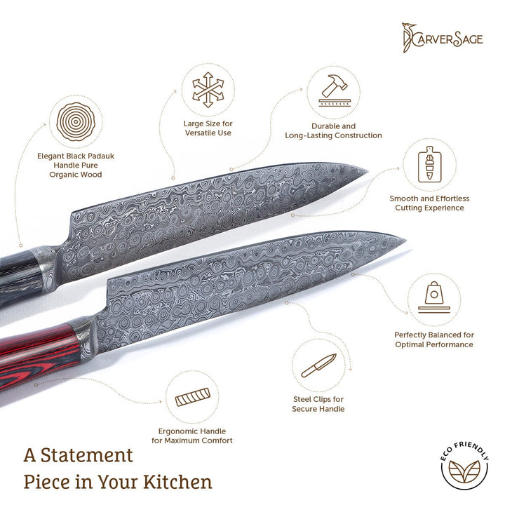 Damascus Chef Knife with Red and Black Padauk Handle | Ultra-Sharp Japanese-Style Blade for Professional Culinary Precision carversage.com 