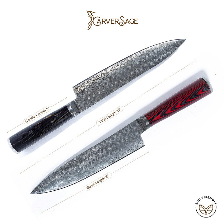 Damascus Chef Knife with Red and Black Padauk Handle | Ultra-Sharp Japanese-Style Blade for Professional Culinary Precision carversage.com 