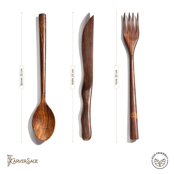 3-Piece Rosewood Cutlery Set – Natural Wooden Spoon, Fork & Knife | Handmade, Sustainable, Eco-Friendly, & 100% Varnish-Free carversage.com 