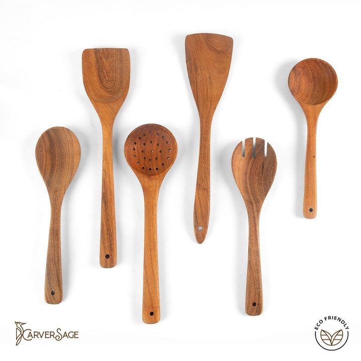 6-Piece Acacia Wooden Cooking Utensils Set with Wood Holder | Best Wooden Spoons & Kitchen Utensils Set carversage.com 