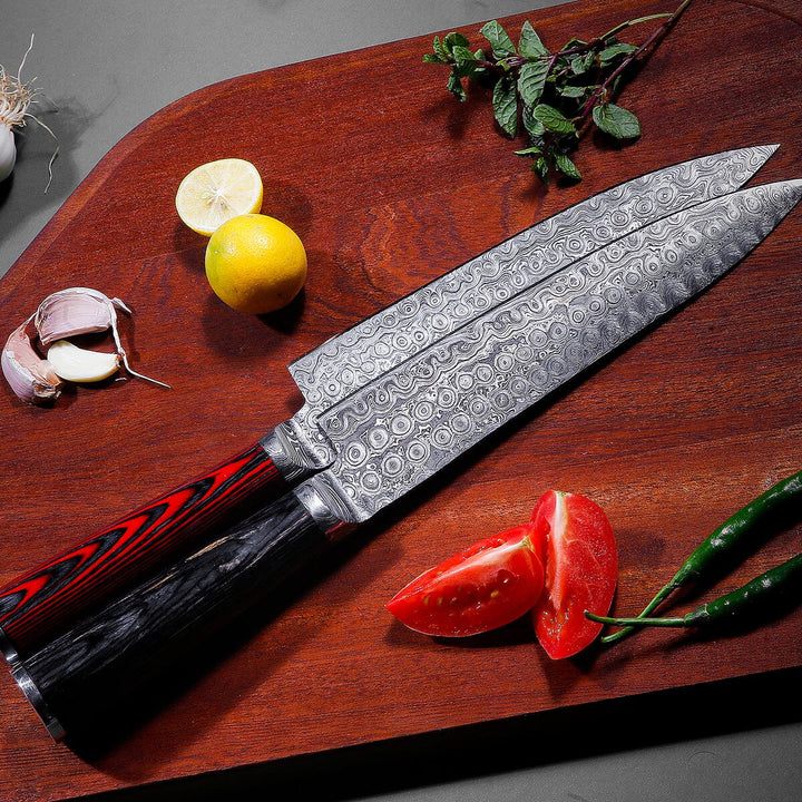 Damascus Chef Knife with Red and Black Padauk Handle | Ultra-Sharp Japanese-Style Blade for Professional Culinary Precision carversage.com 