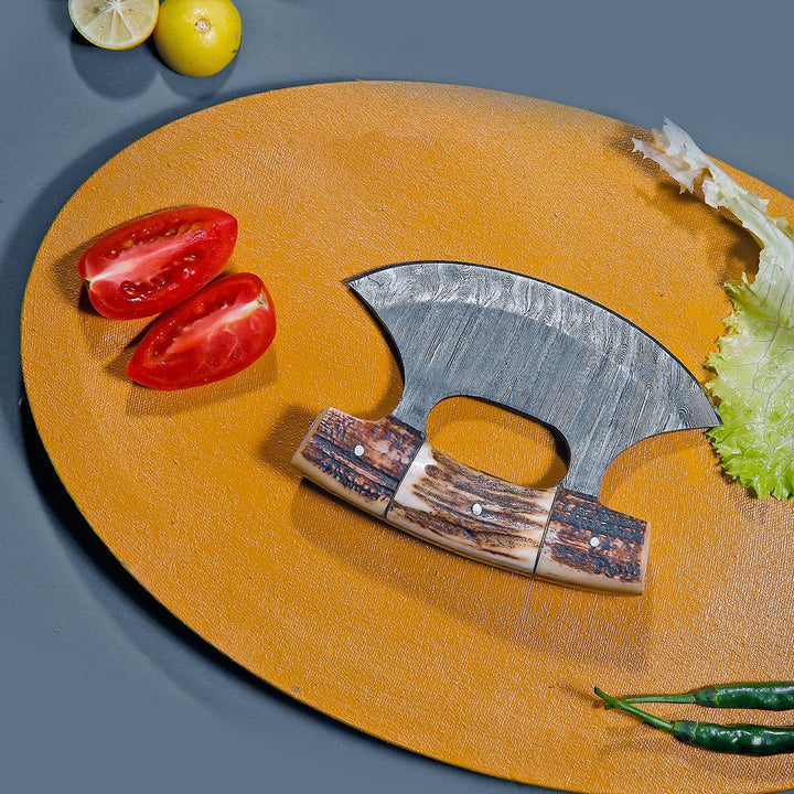 Damascus Steel ULU Knife with Antler & Black Padauk Handle – Razor-Sharp Curved Blade for Precision Cutting, with Leather Sheath carversage.com 