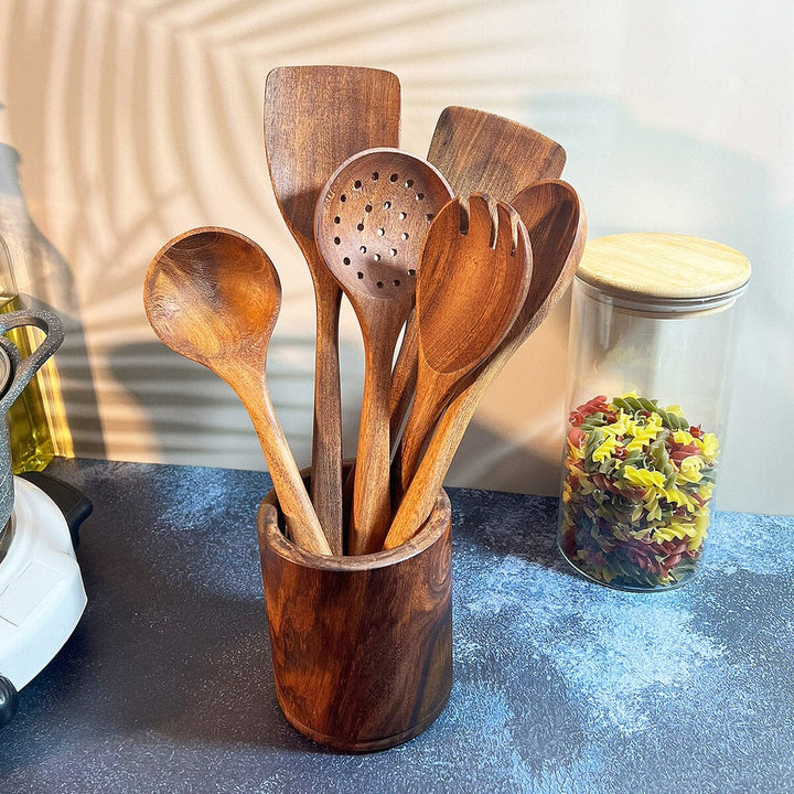 6-Piece Acacia Wooden Cooking Utensils Set with Wood Holder | Best Wooden Spoons & Kitchen Utensils Set carversage.com 