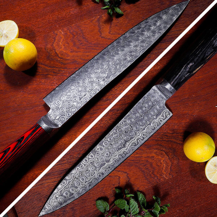 Damascus Chef Knife with Red and Black Padauk Handle | Ultra-Sharp Japanese-Style Blade for Professional Culinary Precision carversage.com 