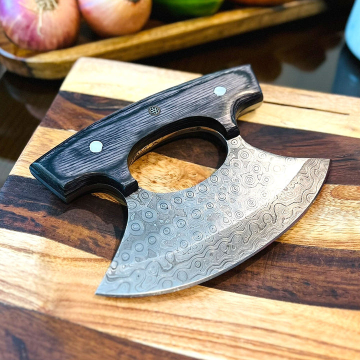 Damascus Steel ULU Knife with Antler & Black Padauk Handle – Razor-Sharp Curved Blade for Precision Cutting, with Leather Sheath carversage.com 