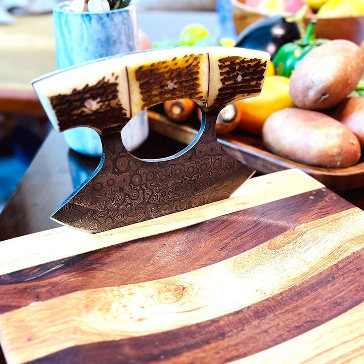 Damascus Steel ULU Knife with Antler & Black Padauk Handle – Razor-Sharp Curved Blade for Precision Cutting, with Leather Sheath carversage.com 