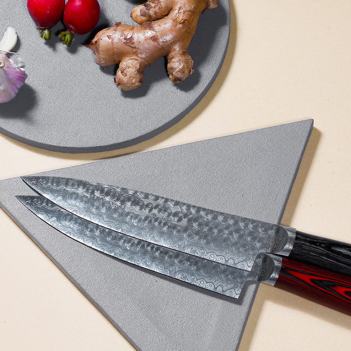 Damascus Chef Knife with Red and Black Padauk Handle | Ultra-Sharp Japanese-Style Blade for Professional Culinary Precision carversage.com 