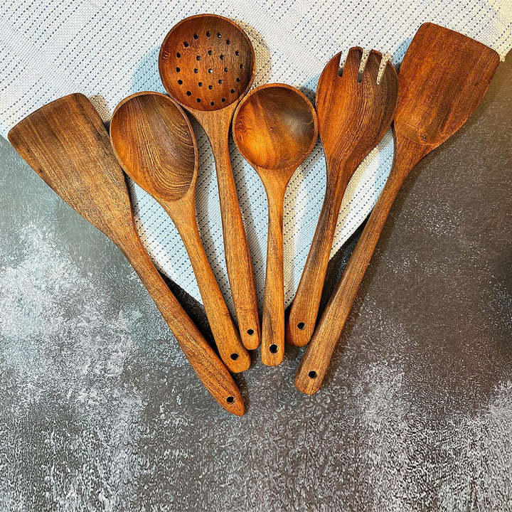 6-Piece Acacia Wooden Cooking Utensils Set with Wood Holder | Best Wooden Spoons & Kitchen Utensils Set carversage.com 