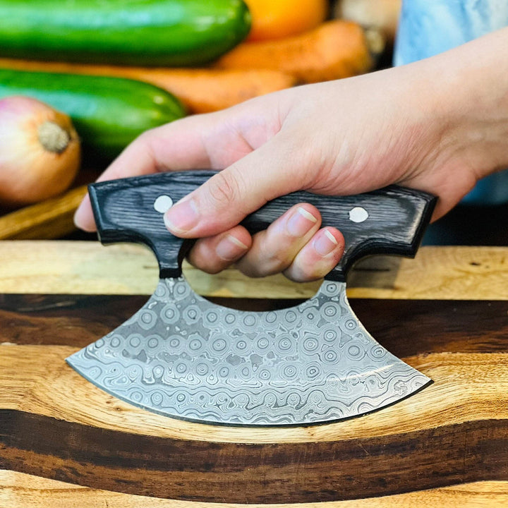 Damascus Steel ULU Knife with Antler & Black Padauk Handle – Razor-Sharp Curved Blade for Precision Cutting, with Leather Sheath carversage.com 